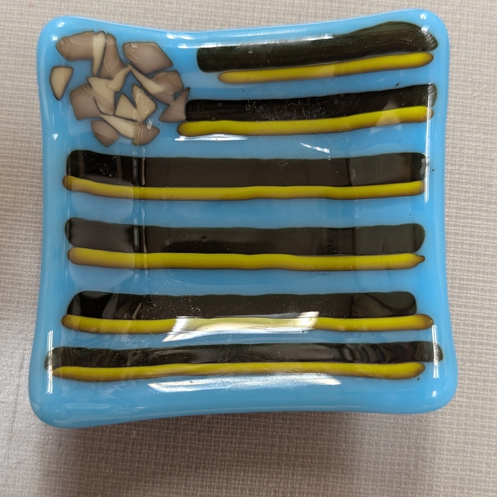 Hand Crafted Blue and Black Striped Glass Trinket Dish Tea Light Holder.